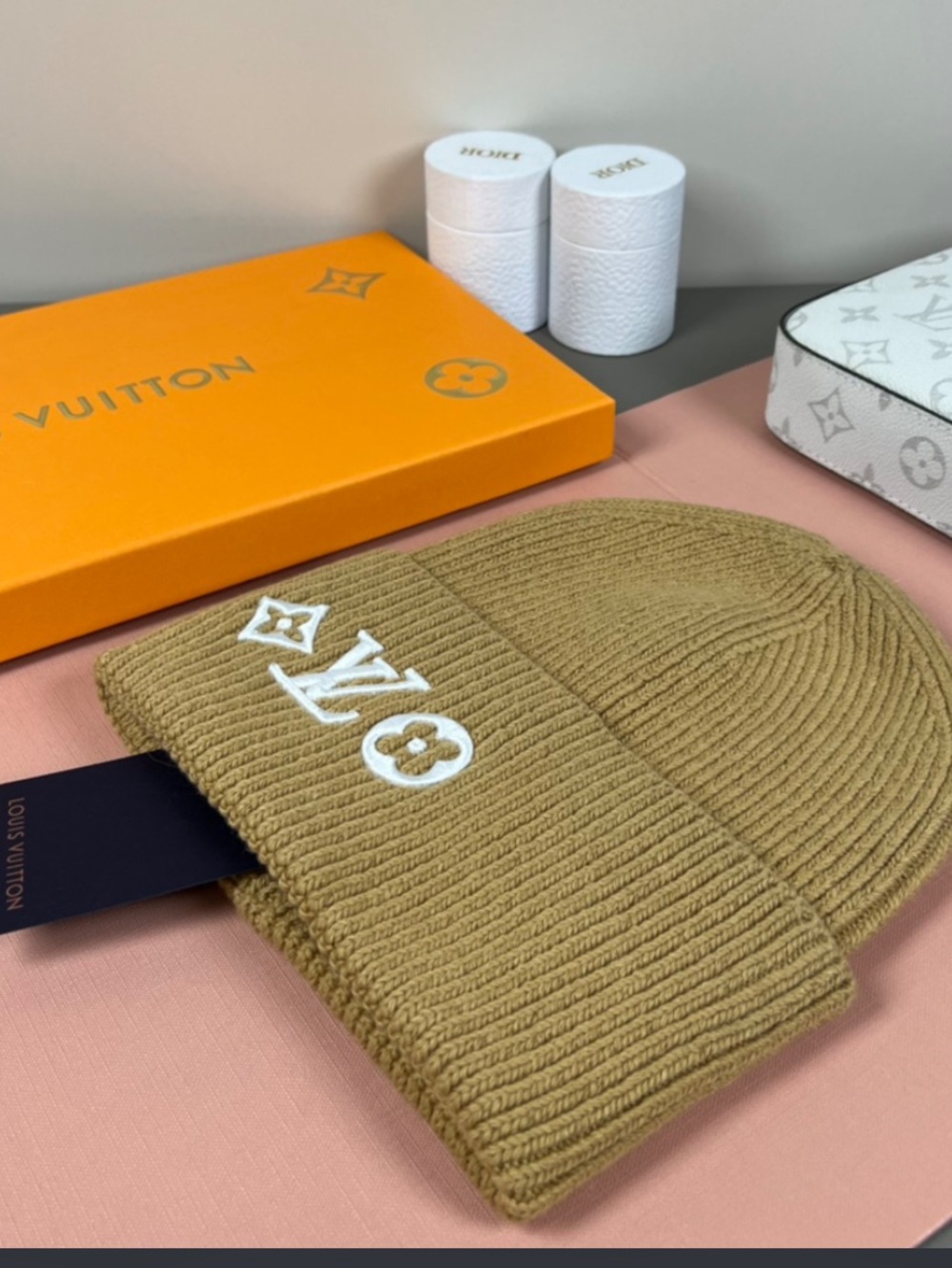 🟫 Louis. Vuitton. Monogram HeadLines Tan Camel Color Beanie Snow Hat Cap